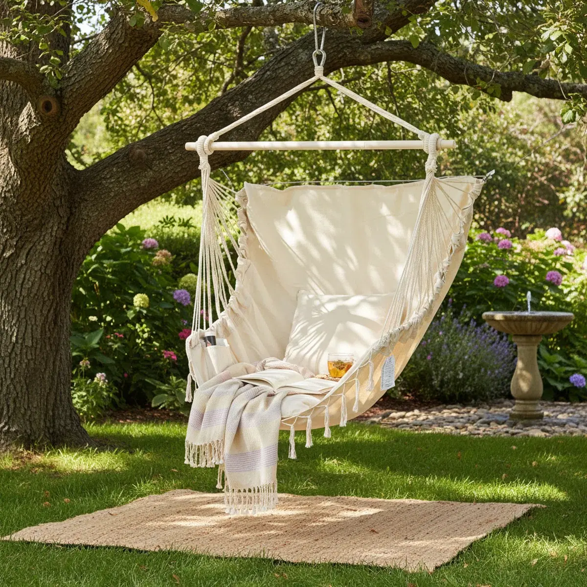 Single Hammock Chair with 2 Cushions, 330 LB Capacity & Fringe Cotton Rope Design，Foldable Indoor Outdoor