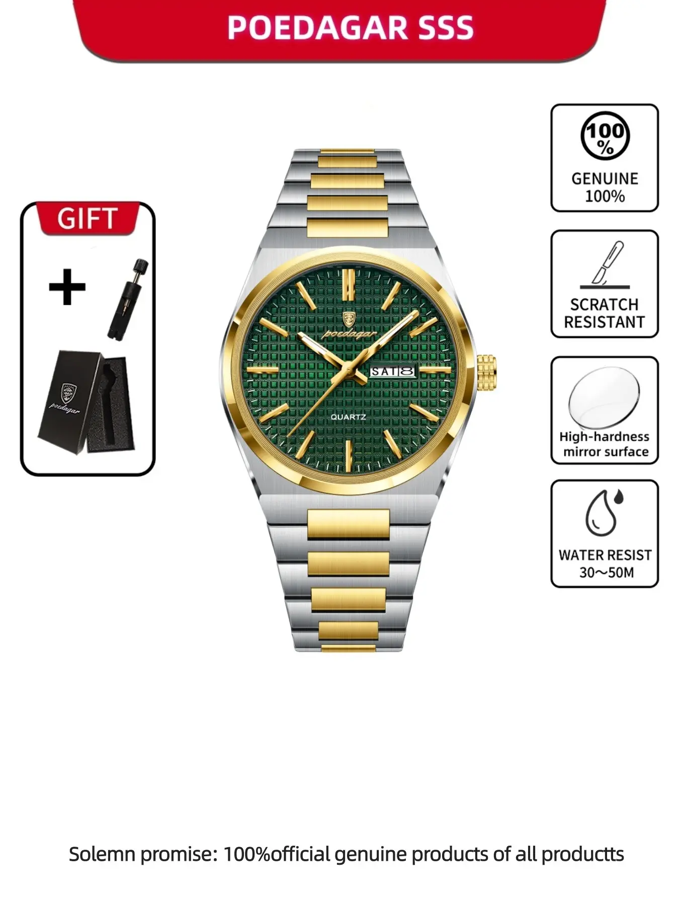 POEDAGAR Men's Luxury Quartz, Date & Day Display, Waterproof Stainless Steel Strap, Casual Sporty Design, Perfect Gift for Him, Stainless Steel Wristwatch, Stainless Steel Watches, Analog Quartz Watch, Analogue Quartz Watch