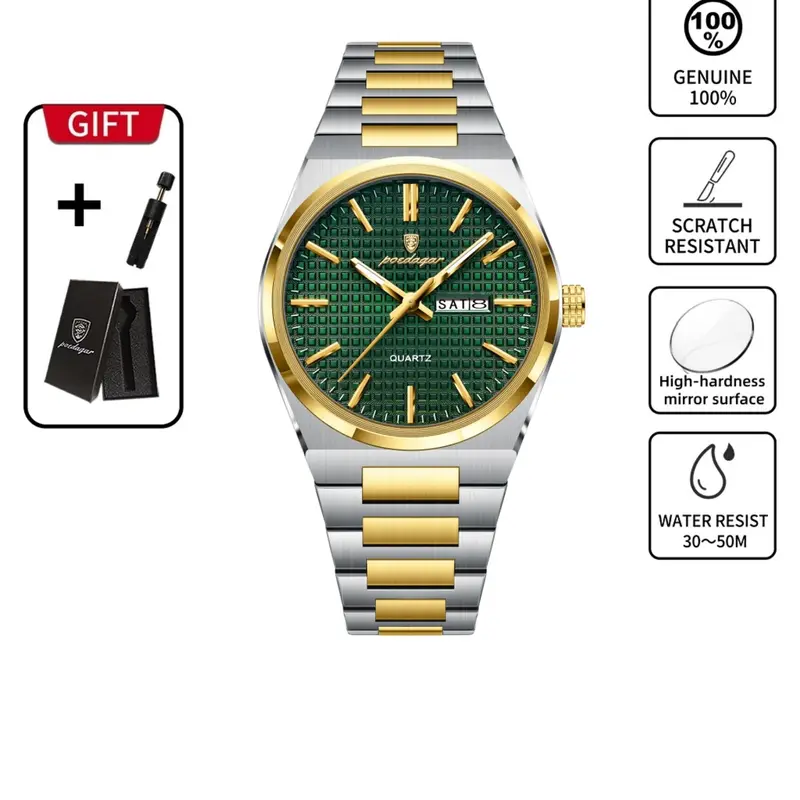 POEDAGAR Men's Luxury Quartz Watch, Date & Day Display, Waterproof Stainless Steel Strap, Casual Sporty Design, Perfect Gift for Him, Analog Quartz Wristwatch