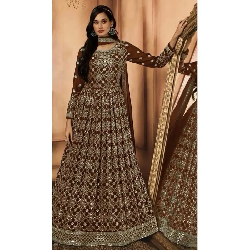 Coffee Size 42 Georgette Resham Work Party Wear Gown With Dupatta - Sequins Thread-work Embroidery for Special Occasions
