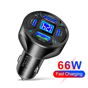 4 USB Car Charger, PD66W &QC3.0 Multi Port Fast Charging Car Charger Adapter with Voltmeter Compatible with iPhone, Android, Samsung, iPad Pro