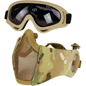 Airsoft Mask with Goggles, Foldable Half Face Airsoft Mesh Mask with Ear Protection for Paintball Shooting Cosplay CS Game