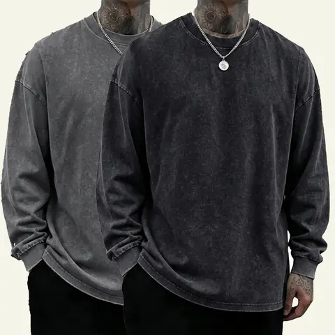 Men's 2-Pack Oversized Washed Distressed Finish Cotton Long-Sleeve Crewneck Sweatshirt - Menswear Plain Unisex Vintage Streetwear Casual Black Car-Wash Top for Back-to-School Men's Clothing
