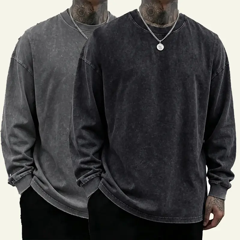 Men's 2-Pack Oversized Washed Distressed Finish Cotton Long-Sleeve Crewneck Sweatshirt - Menswear Plain Unisex Vintage Streetwear Casual Black Car-Wash Top for Back-to-School Men's Clothing
