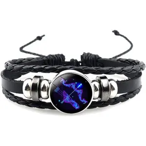 12 Constellation & Chinese Zodiac Bracelet, Glow-in-the-Dark Woven Leather Protection Bracelet, Unisex Fashion Jewelry for Men Women