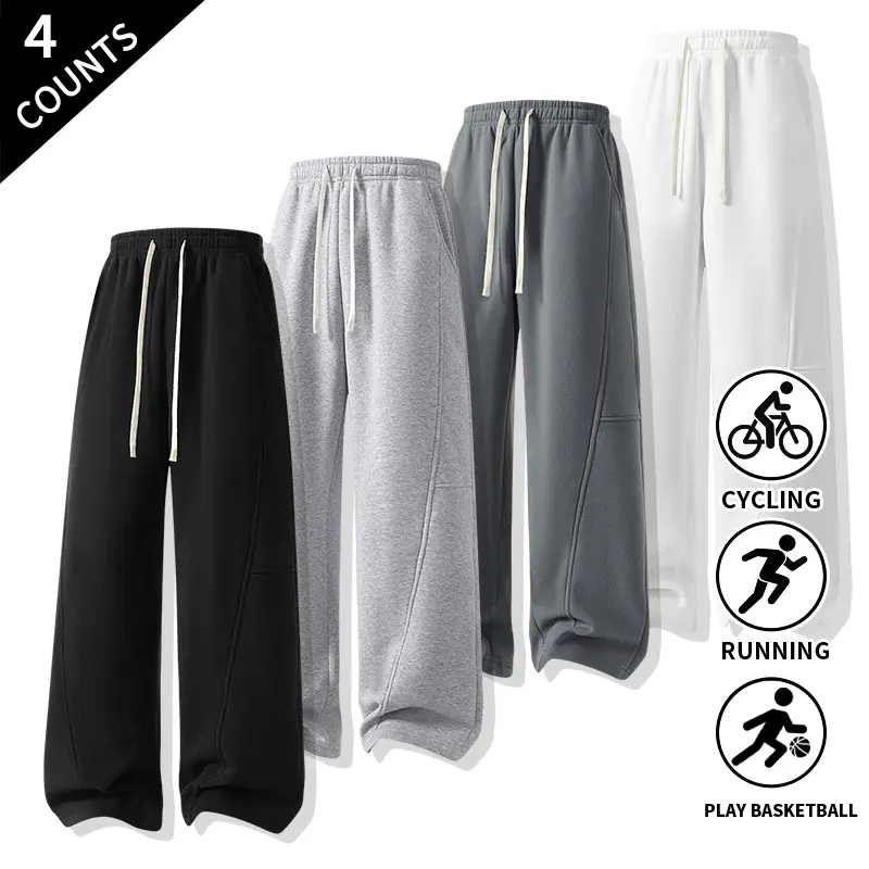 4-Pack Men's Straight-Leg Sweatpants, Drawstring Elastic Waist Casual Pants with Pockets for Basketball, Running, Cycling, and Everyday Wear
