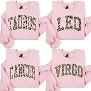 [Full 12 Zodiac] Leopard Print Zodiac Sweatshirt – Pink Astrology Sign Crewneck for Women, Trendy Star Sign Sweater Gift - AL