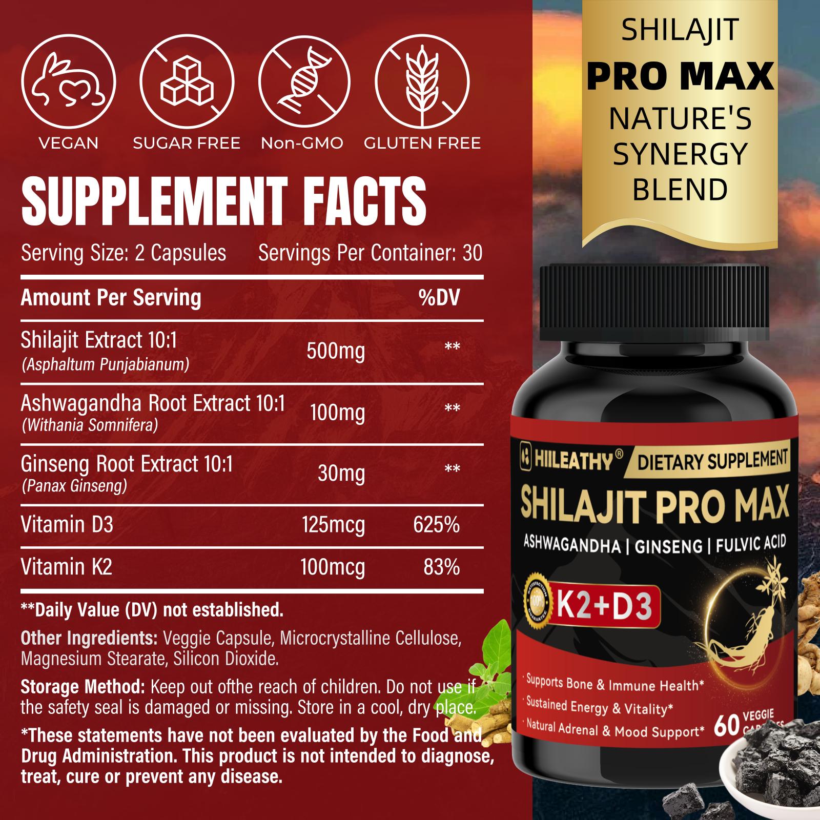 HIILEATHY Optimal Shilajit PRO MAX with K2 & D3 60 Capsules Made in USA with Essential Minerals for Healthy Aging and Immune System Support - Edible