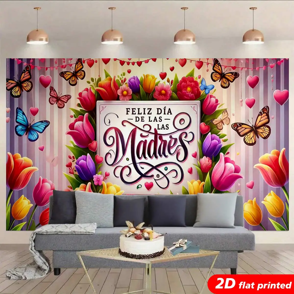 2D Flat Printed Wrinkle Resistant Polyester Tapestry Wall Hanging - Faux Floral Arrangement & Floral Bouquet Tapestries with Butterfly, Colorful Tulip Designs, Home Backdrop, Decor Inspo Mother's Day Gift for Mom