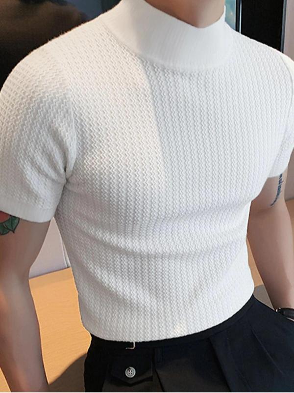 Men's Solid High Neck Knit Water Ripple Short Sleeve T-Shirt, Stylish Casual Sport Underwear, Outdoor Travel and Daily Leisure Essential Unisex Neutral
