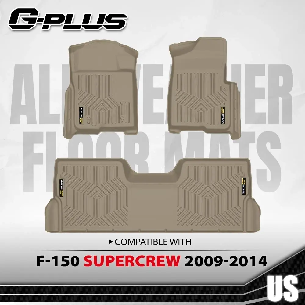 G-PLUS TPE Car Mat Set for 2009-2014 Ford F-150 Super Crew Cab, All-Weather, Waterproof, Anti-Slip, 1st & 2nd Row Beige Floor Liners
