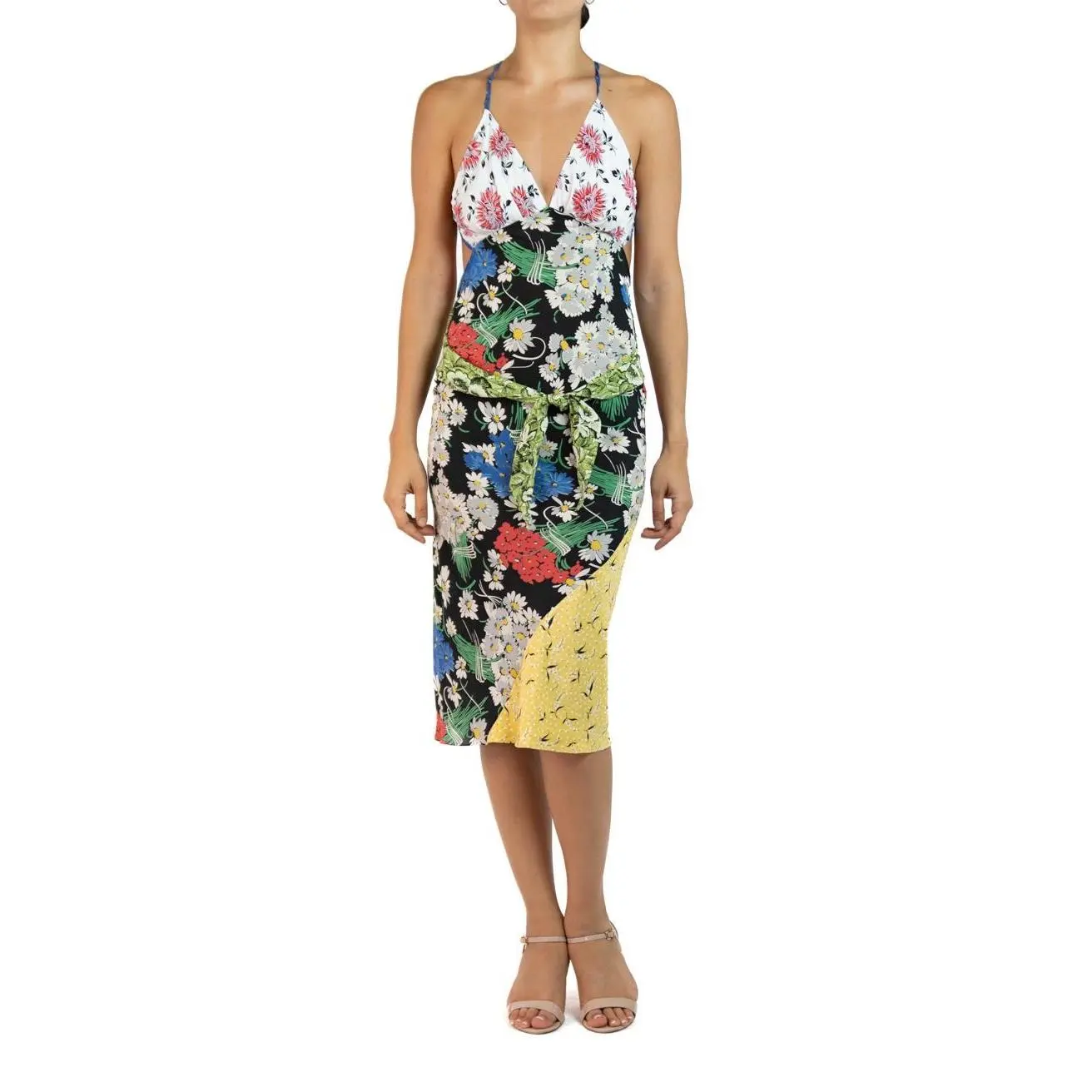 Morphew Collection White, Black & Red Bias Cut 1940S Cold Rayon Floral Print Sagittarius Dress