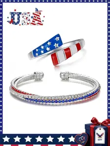 2-Piece American Flag Jewelry Set, 250th U.S. Independence Day Commemorative. Stars & Stripes Ring + Rhinestone Bracelet, adjustable open-cuff, Adjustable Fit. Patriotic red-white-blue unisex accessories, ideal for 4th of July & festive celebrations.