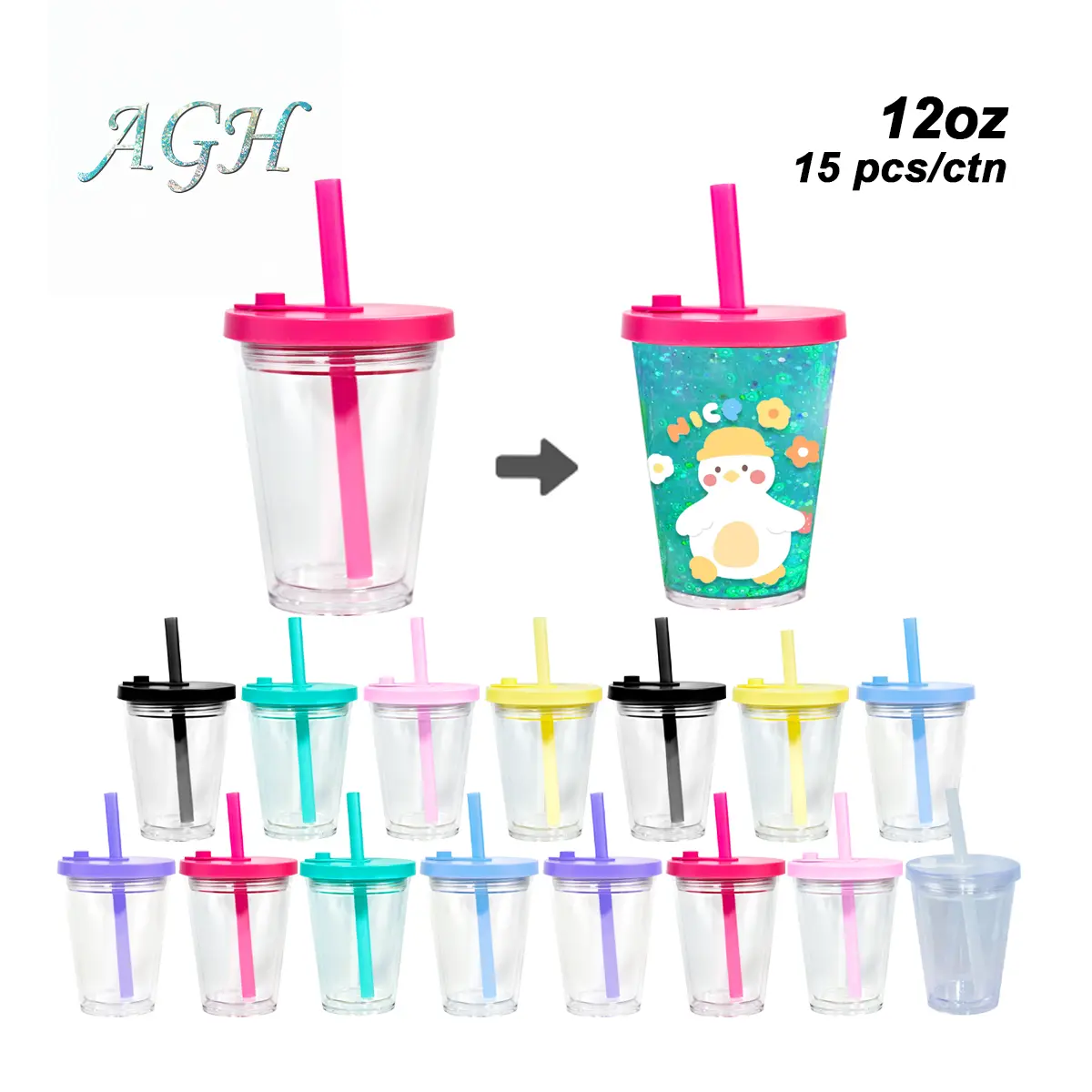 AGH [New Arrived] 15pcs 12oz Rainbow Color Kids Snow Globe Plastic Cups Double Wall Acrylic Tumblers for DIY Glitter Gifts