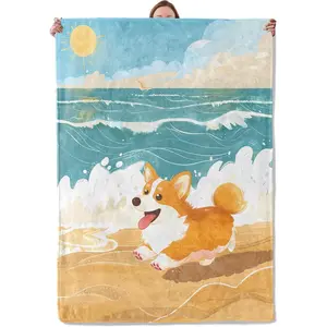 Flannel Blanket | Beach Corgi Blanket, Playful Puppy Flannel Blanket Gifts For Women, Soft Warm Lightweight Corgi Blankets For Living Room Home Sofa Travel Decor | Gift Blanket / All Season