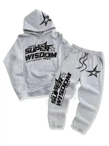 Men's 2 Piece Set, Star Pattern Super Smart Letter Print Hoodie and Pants Two-Piece, Winter & Fall Slight Stretch Clothing