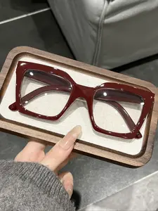 Women's Wine Square Frame Glasses, Fashion New Trend Decorative Flat Lens Eyewear, Stylish and Modern Design, Fashion Frame Eyeglasses, Stylish Trendy Eyewear, Stylish Square Frames