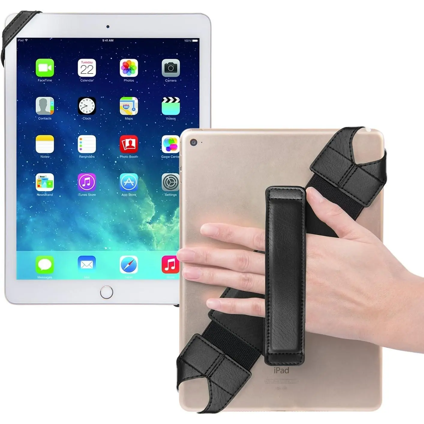 P-PCS09 Universal Tablet Hand Holder Strap Accessory, 360° Swivel PU Leather Adjustable Handheld Grip with Elastic Belt, Secure Portable Fit for 10.1" (10.1 inches) Tablets (Samsung, Asus, iPad Etc), Black