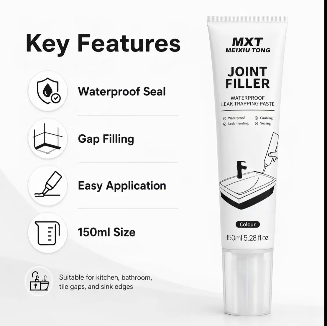 150ml Waterproof Joint Filler Kit, Gap Caulking Paste with Scraper & Masking Tape for Bathroom & Kitchen Tile Gaps