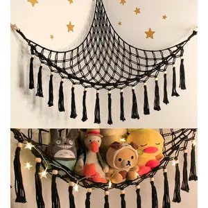 Stuffed Animal Hammock Corner Storage - Toy Hammock Net Organizer with LED Light - Tedddy Hammocks Plushie Net Holder - Black Wall Decor for Boy Living Room Bedroom