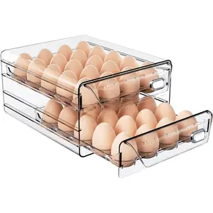 Clear 40 Egg Holder for Fridge, High Capacity Storage With Time Scale, Stackable Container and Dispenser for Refrigerator With Drawers (2 Layer, 9.8"x 8.5"x 5.5")