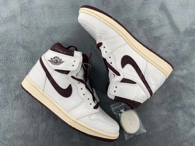 Off White Burgundy Snake Texture High Top Retro Basketball Sneakers For Men Classic Street Hip Hop Footwear Vintage Aged Cream Midsole Leather Upper Urban Daily Casual Athletic Trainers