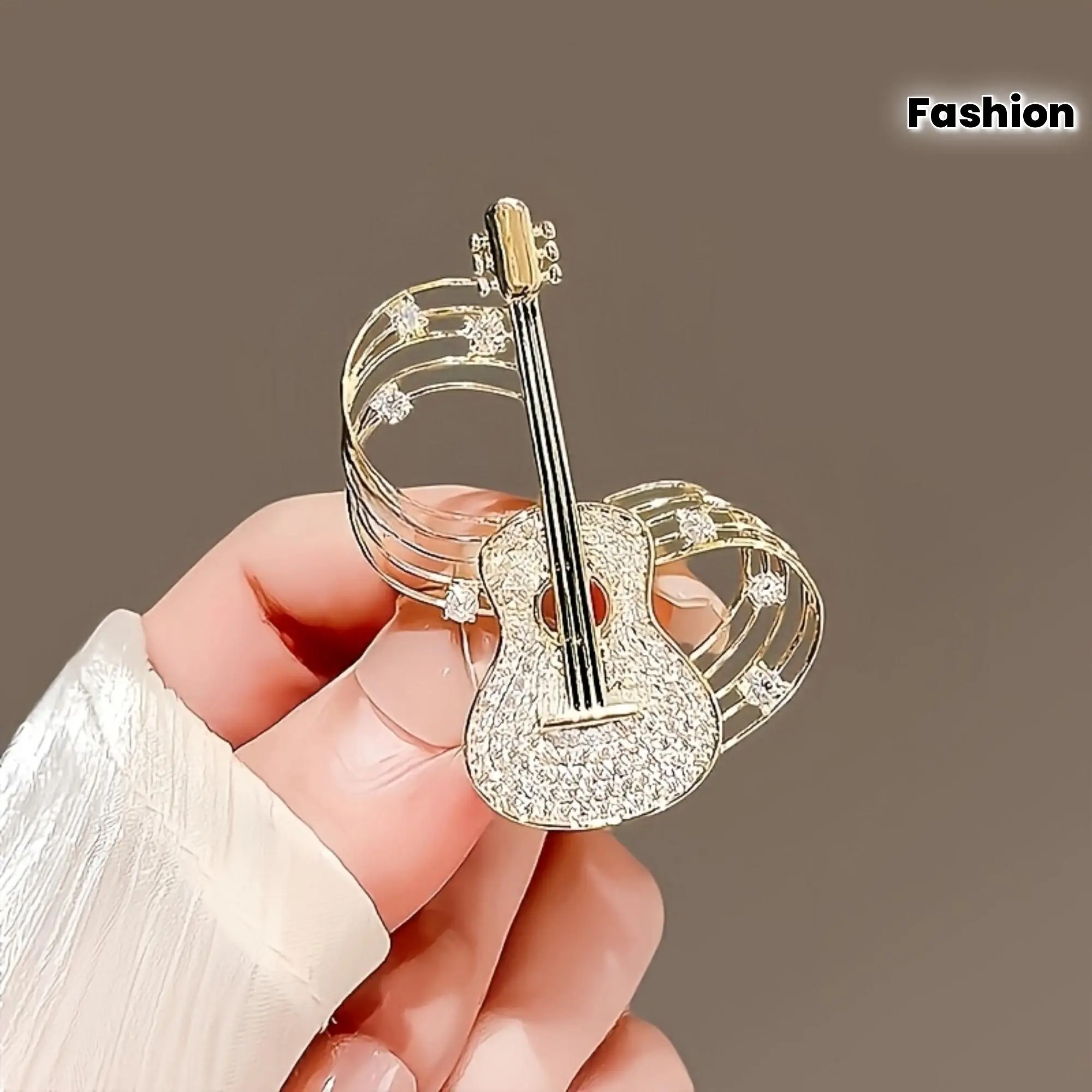 Guitar Treble Clef Alloy Metal Brooch Pin - Gold Aesthetic Glamorous Sparkle Stones Fashion Jewelry for Suits, Dresses