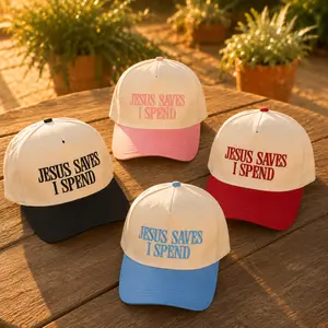 Jesus Saves I Spend Hat Funny Christian Embroidered Baseball Cap for Women & Men Vintage Two Tone Snapback Faith Trucker Hat Adjustable Cotton Christian Gift Casual Everyday Wear
