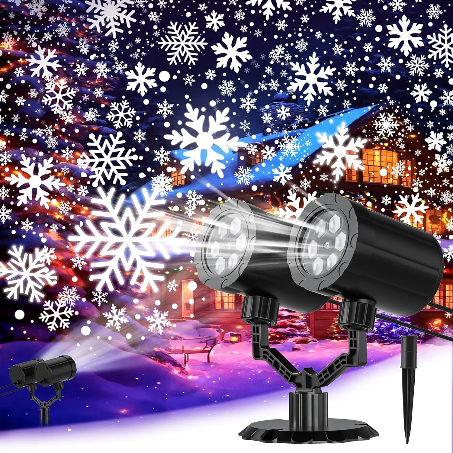 Christmas Projector Lights Outdoor,  Dynamic Snowflake Projector IP65 Waterproof 360°Rotating LED Projection Lights for Indoor Outdoor Christmas Decoration, Holiday, Yard Decor-Dual-Head A