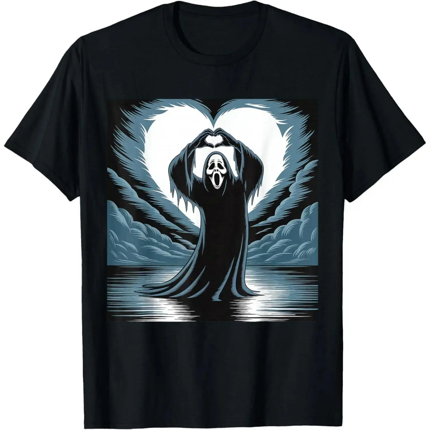 Ghostface Make Heart Hands Graphic Tee, Funny Scream Movie Killer Retro Print Black Crewneck T-Shirt For Halloween Horror Fan Gift