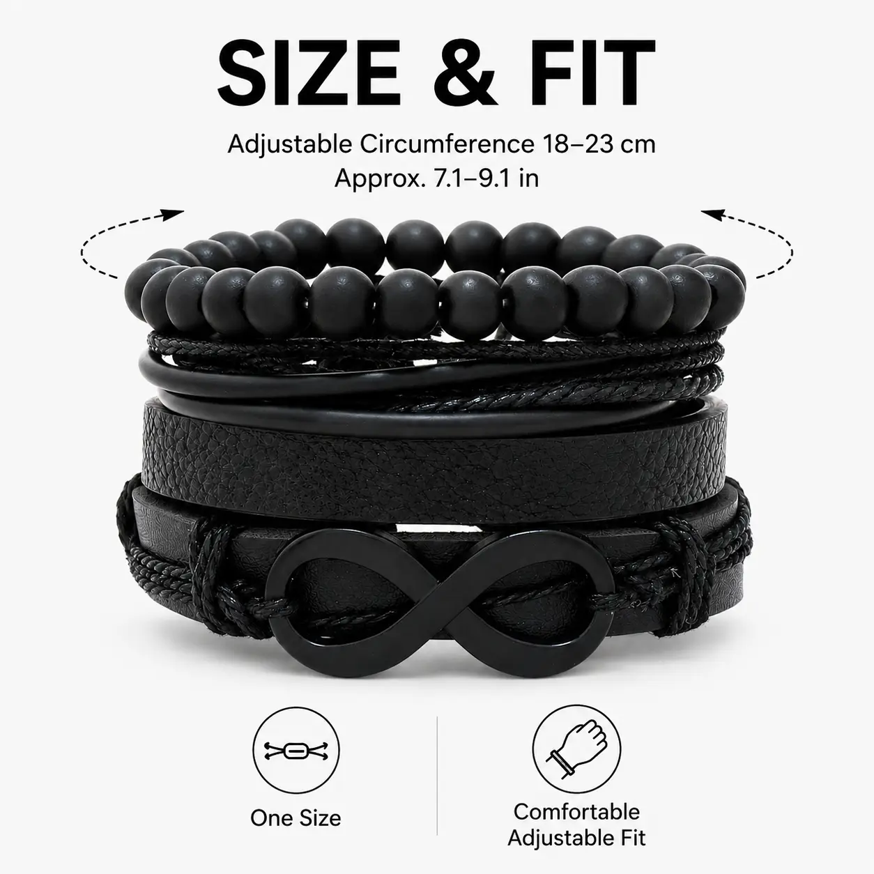 Men's Black Leather Bead Infinity Bracelet Set - Sparkling, Elegant, Lightweight, Comfortable, Versatile Summer Gift for Daily Wear or Special Occasions