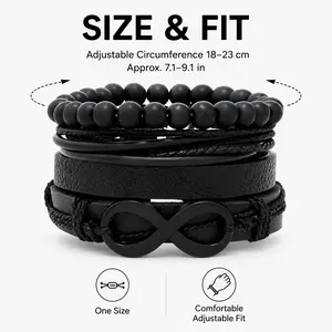 Men's Black Leather Bead Infinity Bracelet Set - Sparkling, Elegant, Lightweight, Comfortable, Versatile Summer Gift for Daily Wear or Special Occasions