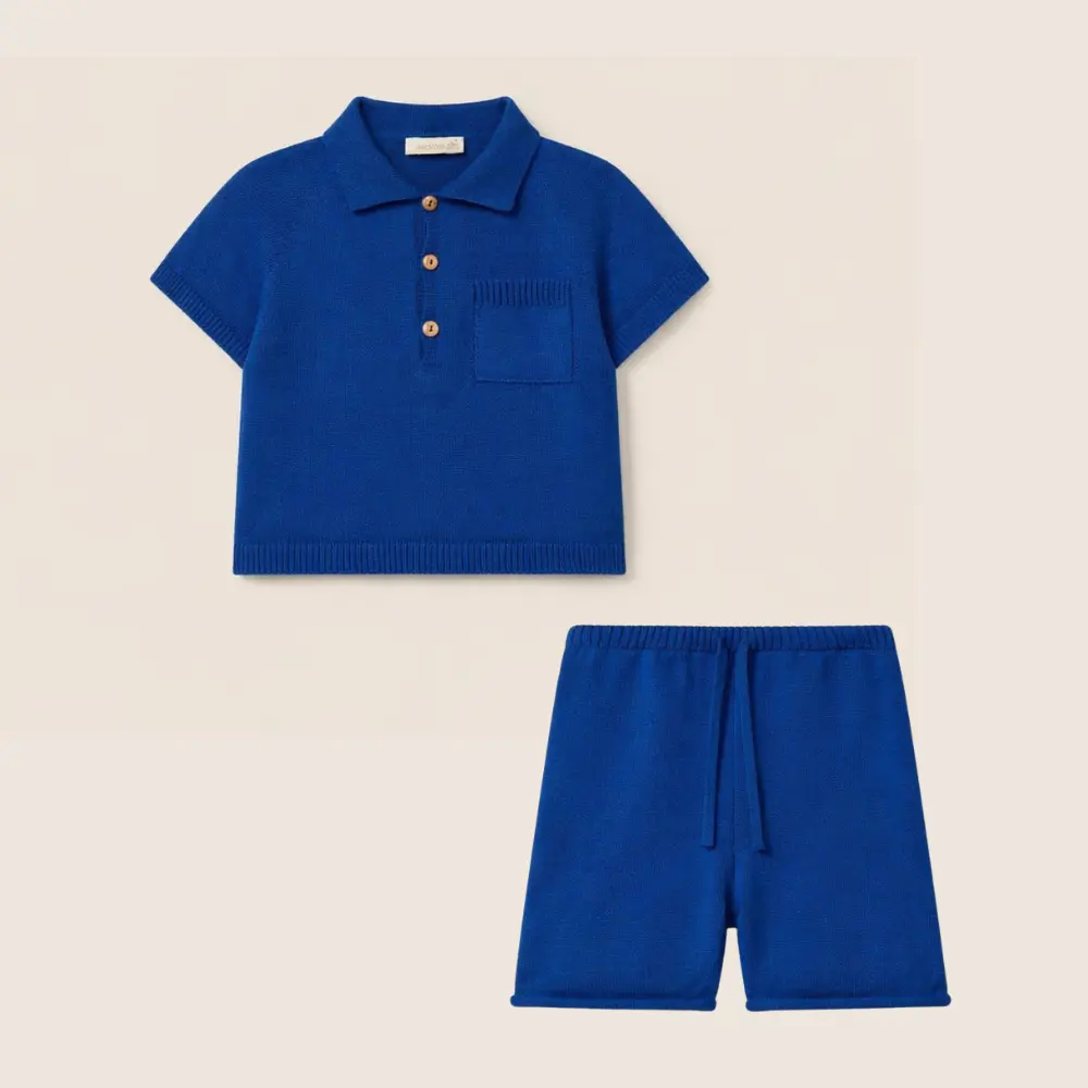 Baby & Toddler Boys' 2-Piece Organic Cotton Polo Outfit - Short-Sleeve Seamless Wholegarment Knit Button Shirt, Soft Elastic Band Waist Shorts, Lightweight Casual Toddler-Size Set