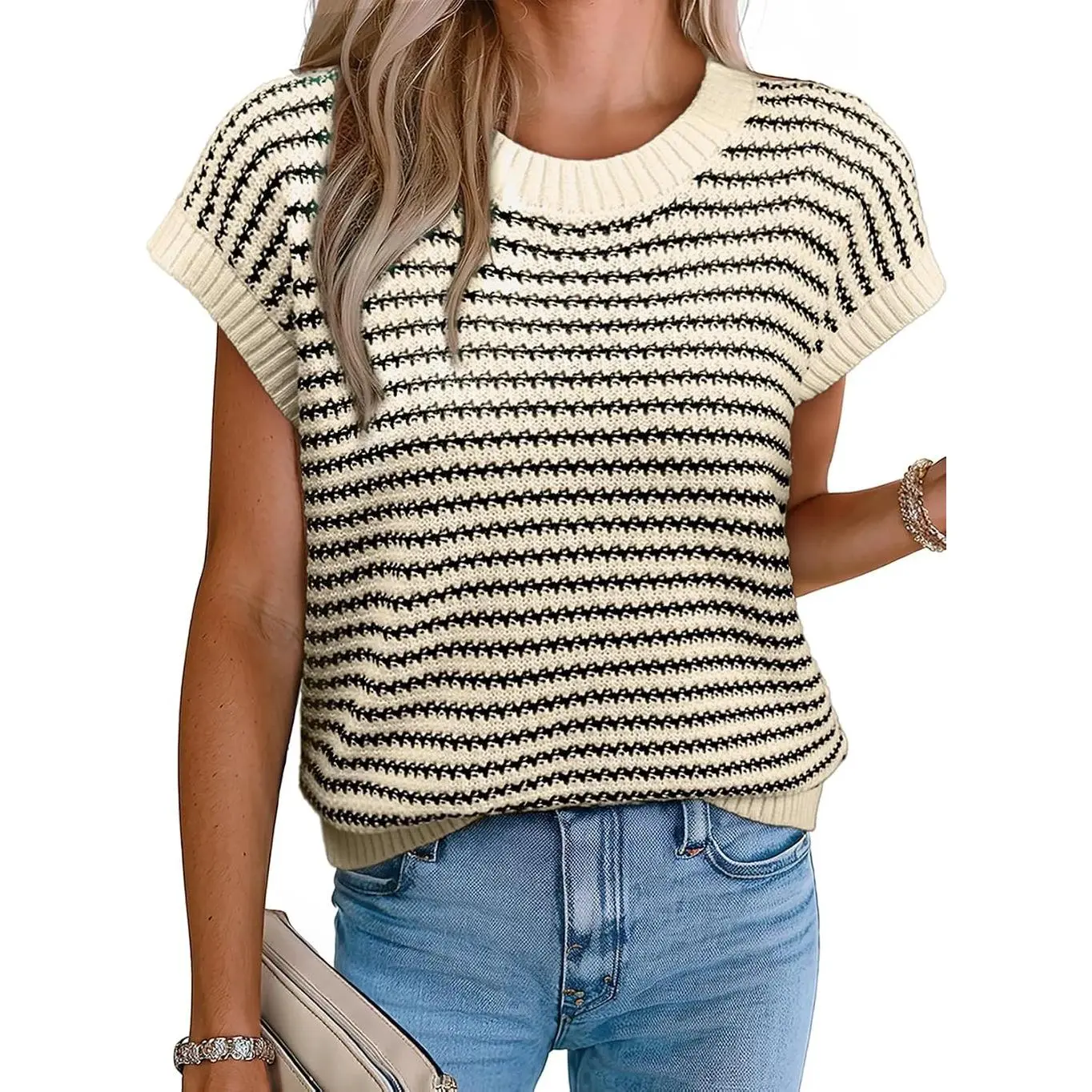 Striped Knit Cap Sleeve Sweater