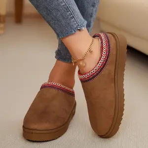 Women's Mini Snow Boots Winter Plush-Lined Fleece Slippers Embroidered Trim Suede Warm Indoor Outdoor Home Shoes