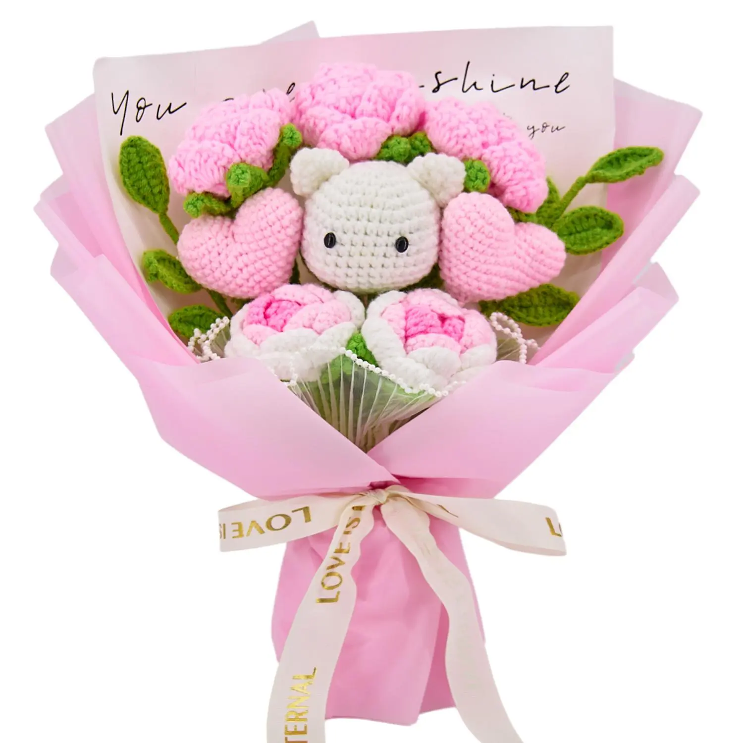 Handmade Pink Faux Crochet Flower Bouquet - Fake Flowers with Rosy Roses, Knitted Hearts, Bouquet Decorations, Decorative Home Supplies Ornament, Girl Gifts for Christmas/Birthday, Fake Flowers Bouquet, Decorative Rosy Flowers