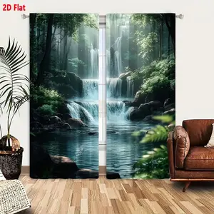 2D Flat Serene Forest Waterfall Theme Blackout Curtains 2-Piece Set, Room Decor Curtain, Multi-Tiered Waterfall on Dark Rocks with Sunlight Through Lush Green Canopy, for Bedroom Living Room, Light-Filtering & Thermal Insulated