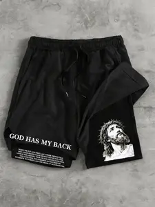 Men's Summer Casual Gym Shorts, Portrait Pattern Letter Print, Drawstring Faux Two-Piece, Natural Waist, Graphic Design