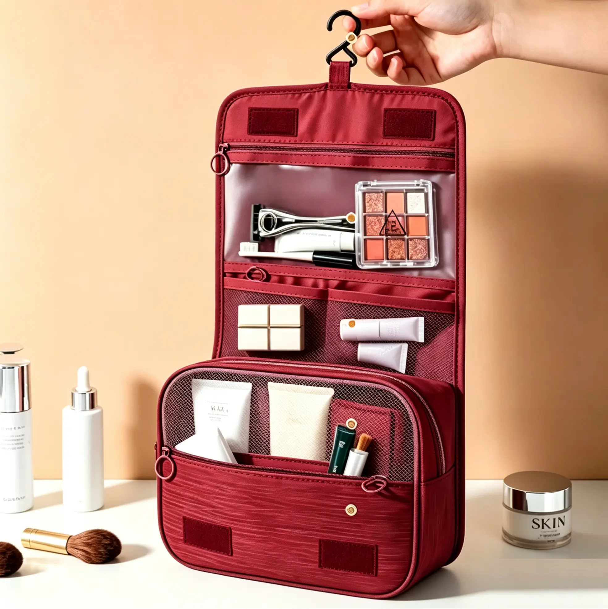 Waterproof Hanging Travel Toiletry Bag - Slim, Zippered Multi-Compartment Makeup Pouch with Sturdy Hook, Top Carry Handle, Space-Saving Foldable Design, Shower Organizer for Men Business Trips