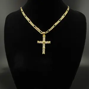 D'Luxe Essentials 14K Gold Plated Hypoallergenic Zirconia Embedded Raised Cross Pendant Necklace for Stylish Wear