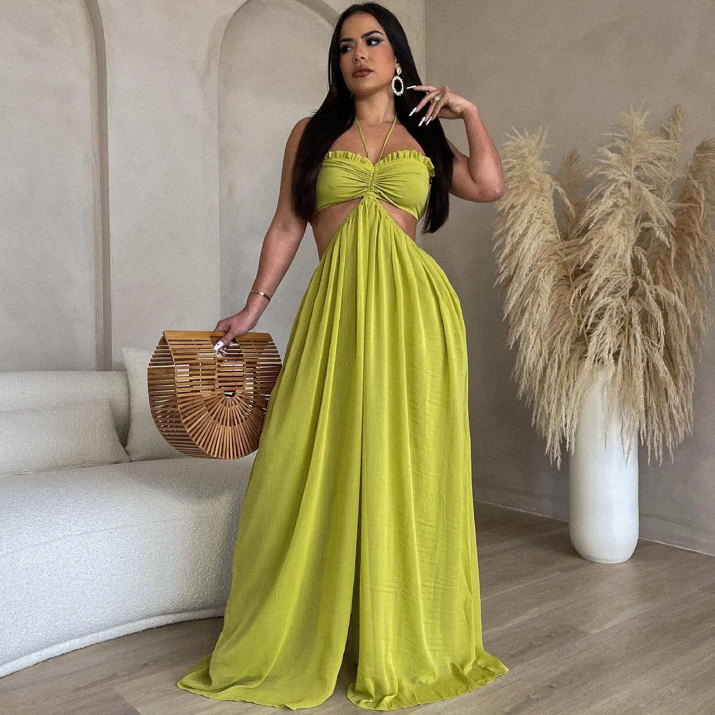 Women in Summer Chic Halter Backless Cutout Wide-Leg Chiffon Jumpsuit