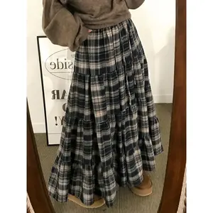 Plaid Patchwork Pleated Long Skirt, Vintage College Style Korean Y2K Cute Girl Versatile Skirt, Spring Summer Fashion