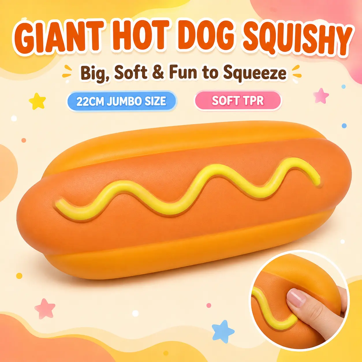 22cm Jumbo Hot Dog Squishy, Giant Realistic Hot Dog Squeeze Toy with Shaving Cream Filling, Soft TPR Stress Relief Sensory Fidget Toy for Kids and Adults