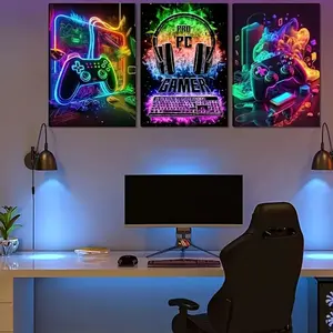 Cool Gaming Headset Decorative Wall Art Set, Colorful Print Posters for Game Room, Internet Cafe, Bedroom, Modern Home Frameless Decoration