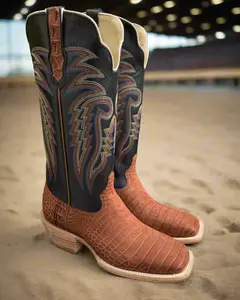 R. Watson Men's Cognac Sueded Nile Crocodile Square Toe Cowboy Boots RW9012-2