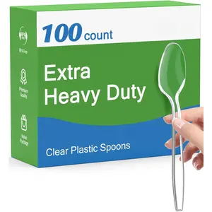 100 Count Clear Plastic Spoons Disposable, , Heat Resistant, Solid and Durable Disposable Spoons Heavy Duty Bulk,  Spoons plastic disposable for Party
