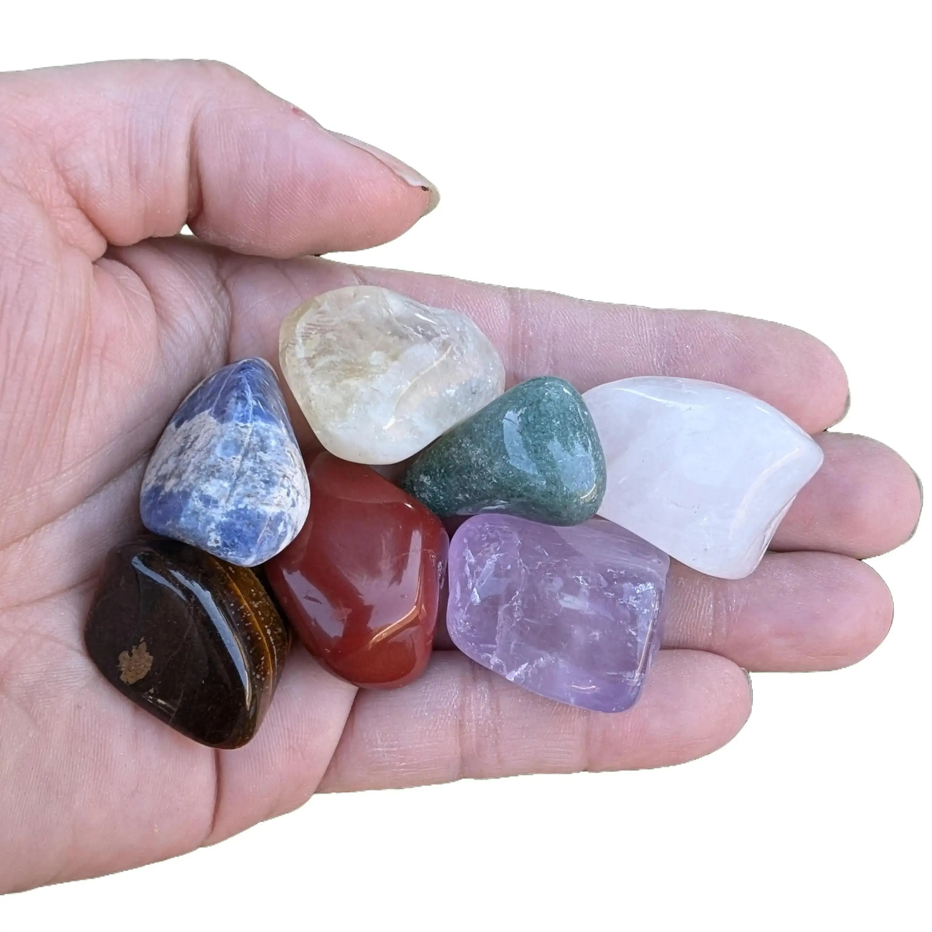 Spiritual Healing Chakra Set Bag (1) with 7 Powerful Stones for Body and Mind Balance featuring Amethyst, Clear Quartz, Sodalite, Aventurine, Citrine, Tigers Eye, and Red Jasper