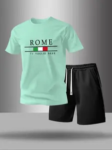 Two-Piece Set Men's Rome Letter Print Tee & Drawstring Waist Shorts Set, Regular Fit Casual Round Neck Short Sleeve T-shirt & Pocket Track Shorts, Men's Summer Clothes