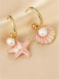 Asymmetrical Shell & Starfish Pearl Earrings for Women – Lightweight Ocean Style Drop Earrings Pearl Embellished High Quality Earrings