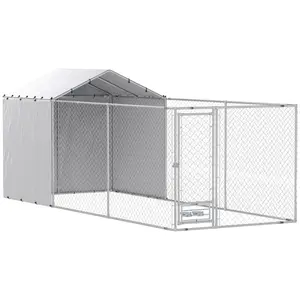 PawHut Large Outdoor Dog Kennel, Heavy Duty Dog Kennel Outside with Waterproof & UV-Resistant Cover, Rotating Bowls Door, Galvanized Chain Link Dog Run for Medium & Large Dogs, 19.7' x 7.5' x 7.5'